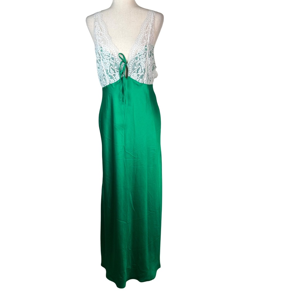 Intimately Free People Maxi Dress S Green Satin Lace Boho Romantic Slip Slit